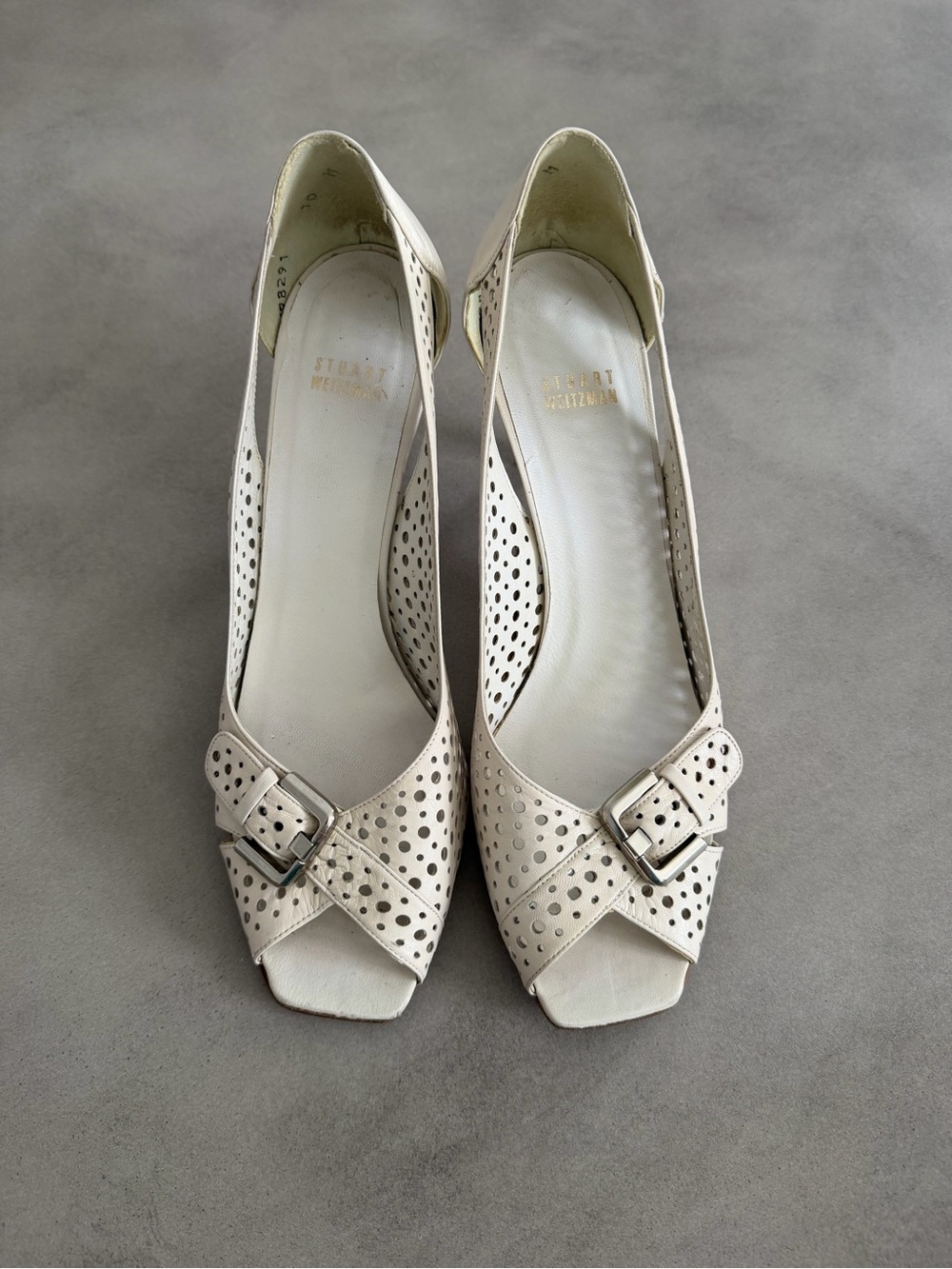 Vintage Stuart Weitzman Cream Perforated Peep-Toe Heels with Buckle